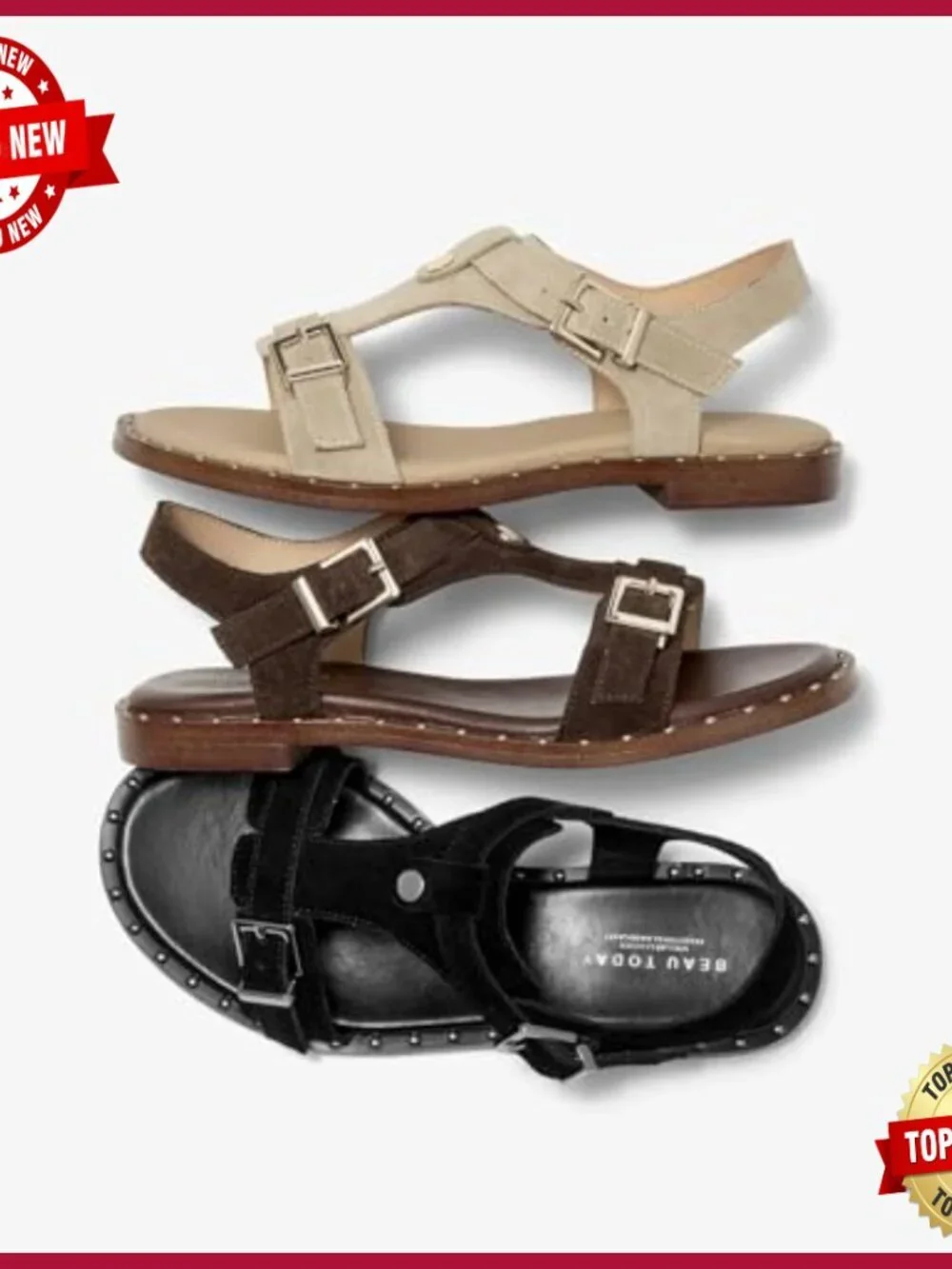Women's T-Strap Suede Sandals with Ankle Buckle Studded Flats Lightweight